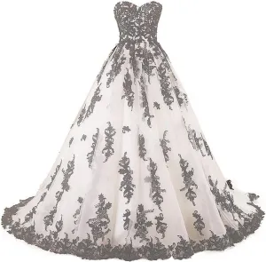 Women Vintage Gothic Black Lace Ball Gown Long Prom Dresses Bridal Wedding Dresses