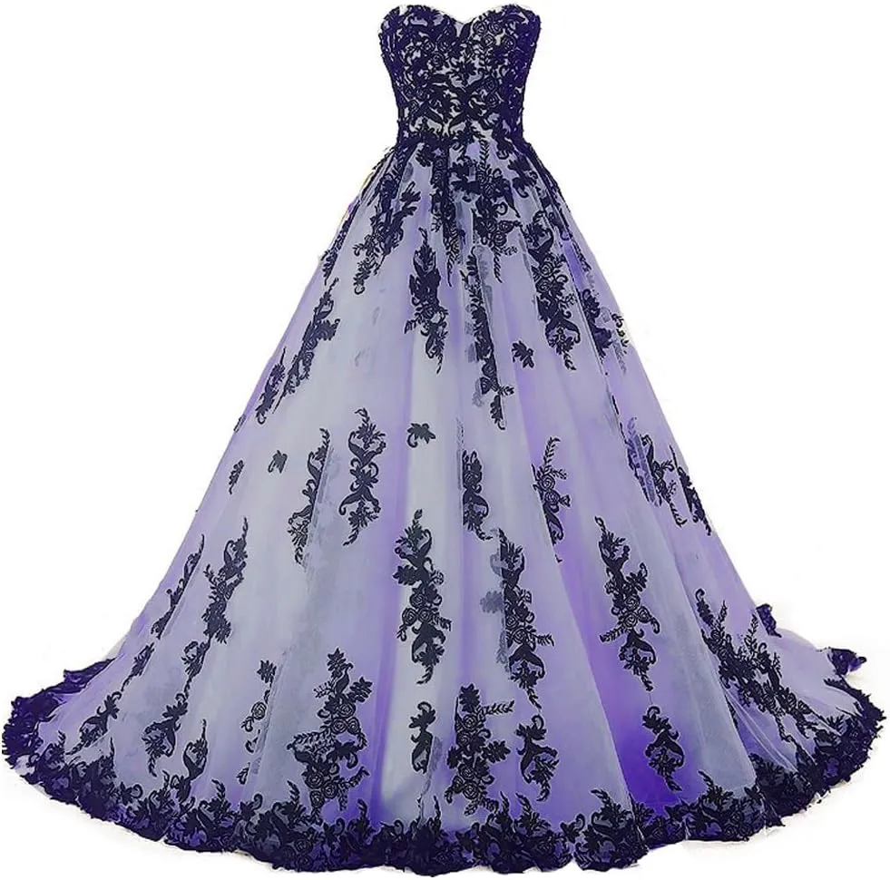 Women Vintage Gothic Black Lace Ball Gown Long Prom Dresses Bridal Wedding Dresses