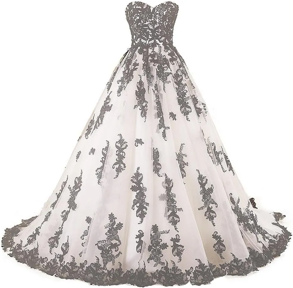 Women Vintage Gothic Black Lace Ball Gown Long Prom Dresses Bridal Wedding Dresses