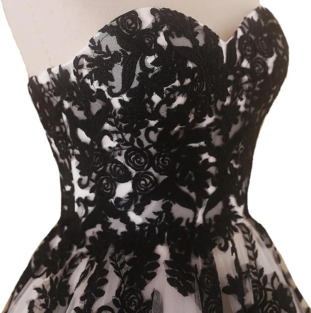 Women Vintage Gothic Black Lace Ball Gown Long Prom Dresses Bridal Wedding Dresses