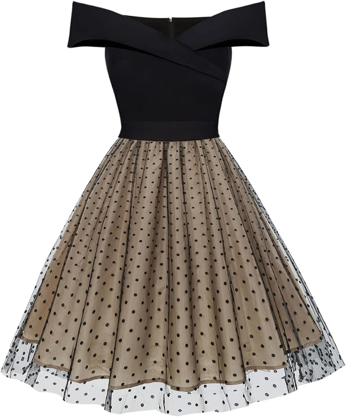 Women's 1950s Vintage Off Shoulder Cap Sleeve Formal Cocktail Dress Fit and Flare Lace Mesh A-Line Swing Party Dresses
