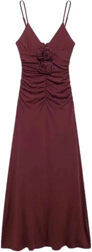 Women's Claret Convex Flower Decoration V-Neck Suspender Flute Dress Waist Pleats Slim Spaghetti Strap Knee-Length Dresses