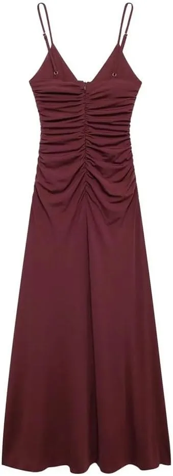 Women's Claret Convex Flower Decoration V-Neck Suspender Flute Dress Waist Pleats Slim Spaghetti Strap Knee-Length Dresses