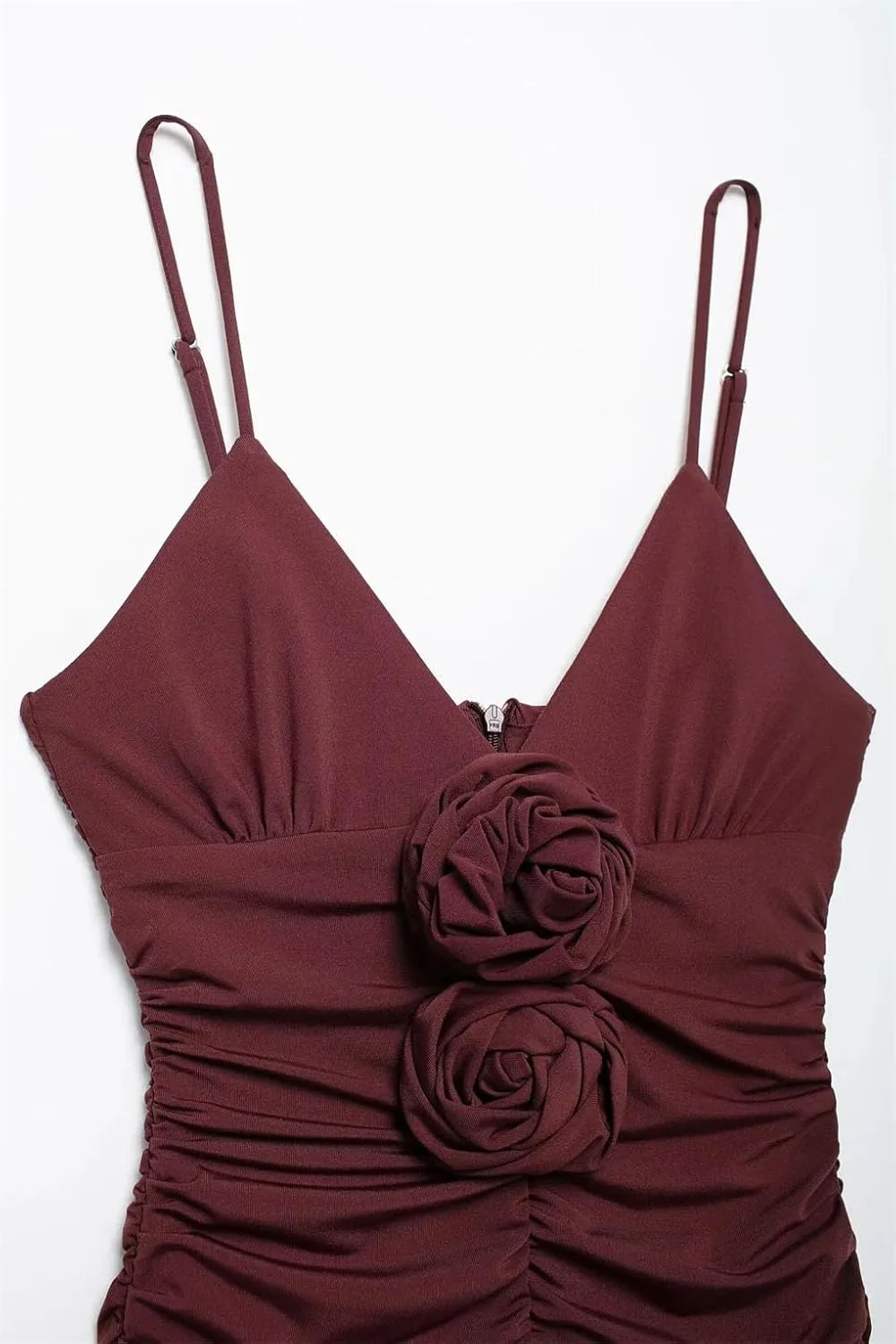 Women's Claret Convex Flower Decoration V-Neck Suspender Flute Dress Waist Pleats Slim Spaghetti Strap Knee-Length Dresses