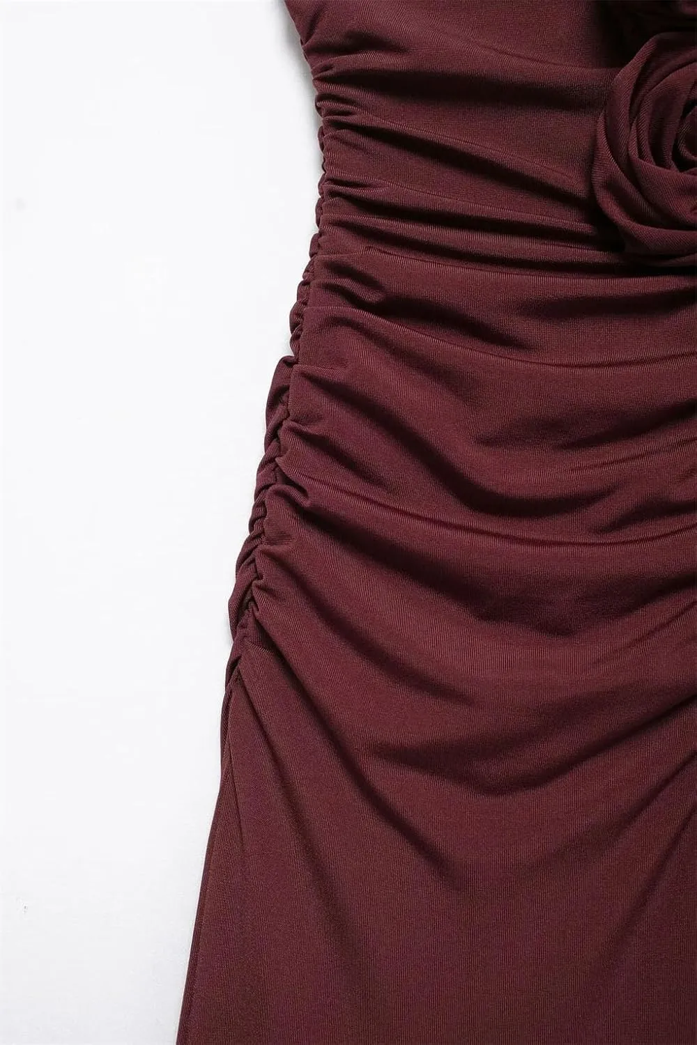 Women's Claret Convex Flower Decoration V-Neck Suspender Flute Dress Waist Pleats Slim Spaghetti Strap Knee-Length Dresses
