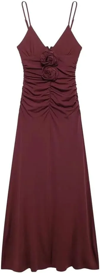 Women's Claret Convex Flower Decoration V-Neck Suspender Flute Dress Waist Pleats Slim Spaghetti Strap Knee-Length Dresses