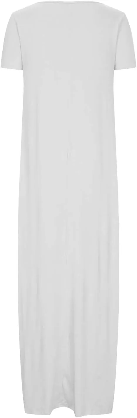 Womens Dress 2024 Fashion Casual Crewneck Solid Flowy Swing Long Tunic Top Dress with Pocket Short Sleeve Maxi Dress