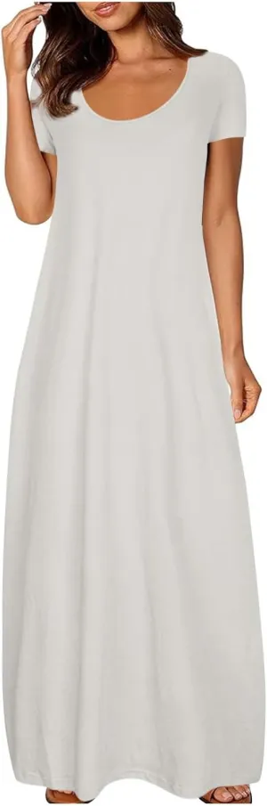 Womens Dress 2024 Fashion Casual Crewneck Solid Flowy Swing Long Tunic Top Dress with Pocket Short Sleeve Maxi Dress