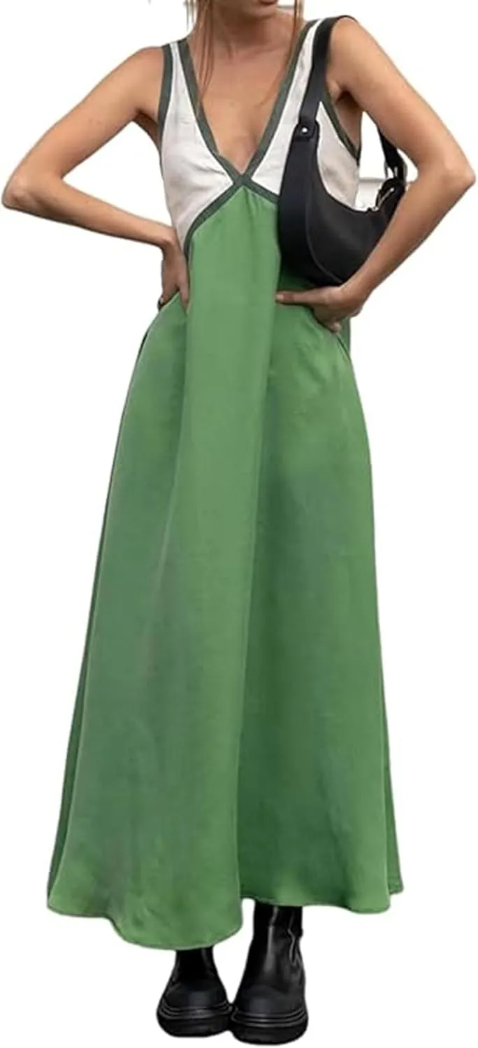 Womens Dresses Sleeveless Color Block Maxi Dress Y2K Deep V Neck Satin Dress Casual Patchwork Vacation Dresses 2025