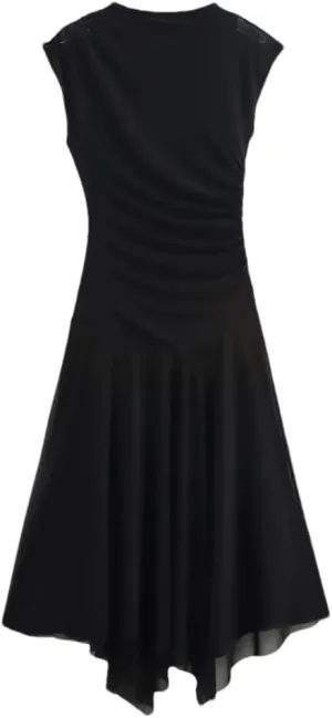 Women's Elegant Asymmetrical Pleated Dresses Summer Sleeveless Silk Mesh Beach Party Dress
