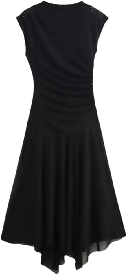 Women's Elegant Asymmetrical Pleated Dresses Summer Sleeveless Silk Mesh Beach Party Dress