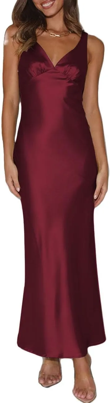 Womens Elegant Satin V Neck Backless Sleeveless Maxi Dress Silk Tie Low Back Formal Cocktail Dresses Wedding Guest