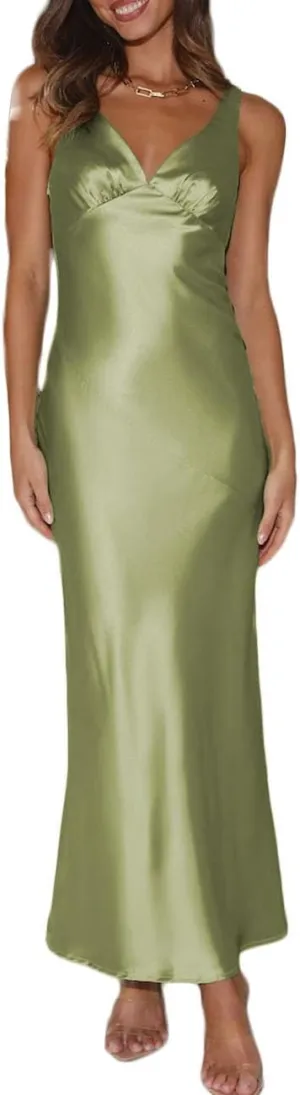 Womens Elegant Satin V Neck Backless Sleeveless Maxi Dress Silk Tie Low Back Formal Cocktail Dresses Wedding Guest