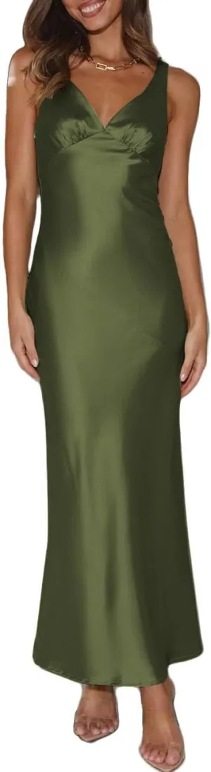 Womens Elegant Satin V Neck Backless Sleeveless Maxi Dress Silk Tie Low Back Formal Cocktail Dresses Wedding Guest