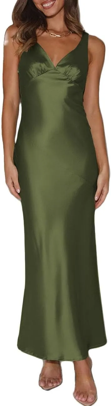 Womens Elegant Satin V Neck Backless Sleeveless Maxi Dress Silk Tie Low Back Formal Cocktail Dresses Wedding Guest