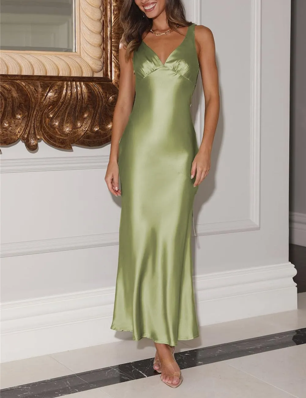 Womens Elegant Satin V Neck Backless Sleeveless Maxi Dress Silk Tie Low Back Formal Cocktail Dresses Wedding Guest