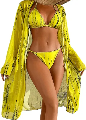 Women's Floral Bikini Sets with Mesh Cover Up, String Halter Triangle Top&Side-Tie Thong Bottom Sexy 3 Piece
