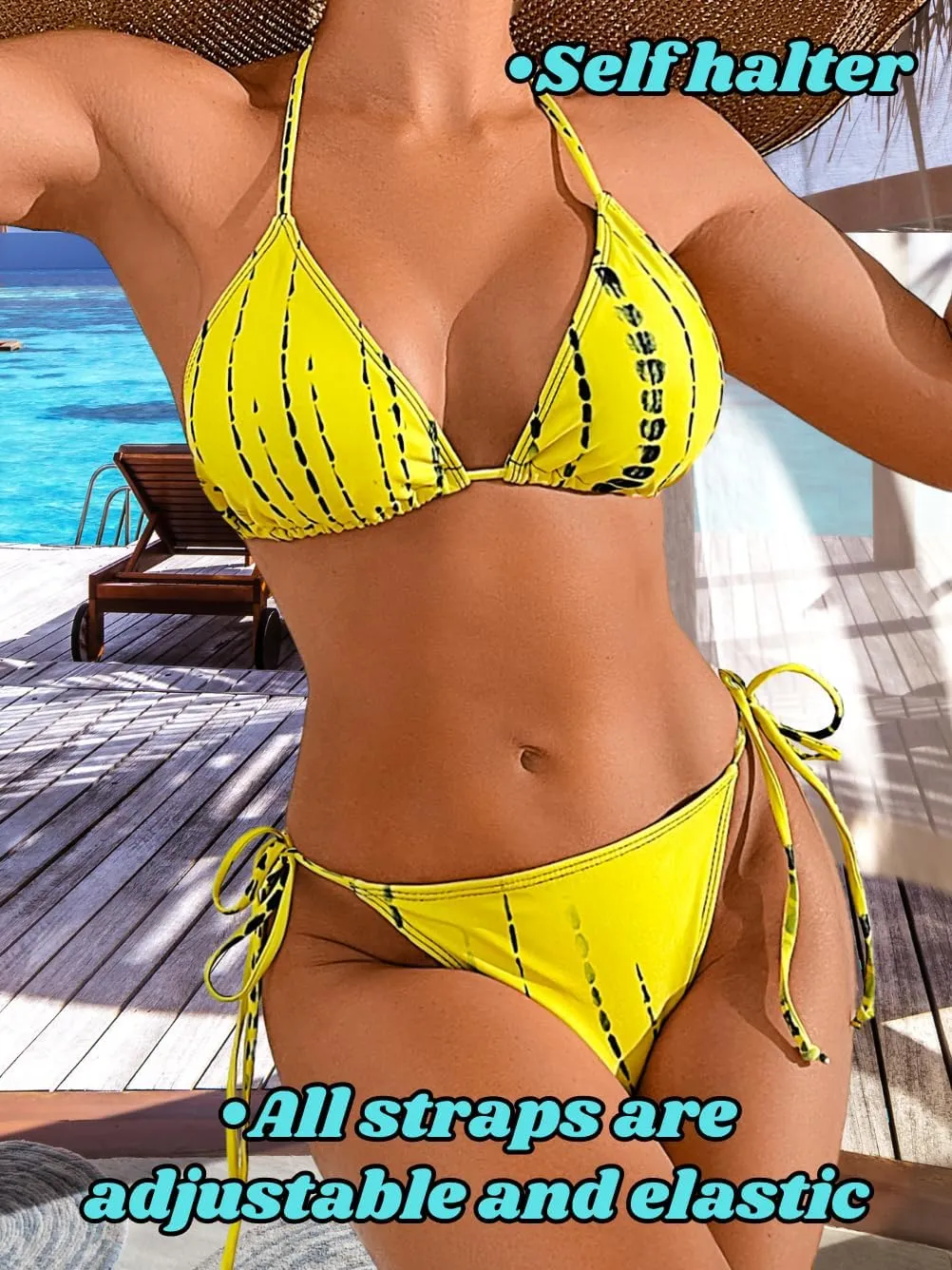 Women's Floral Bikini Sets with Mesh Cover Up, String Halter Triangle Top&Side-Tie Thong Bottom Sexy 3 Piece