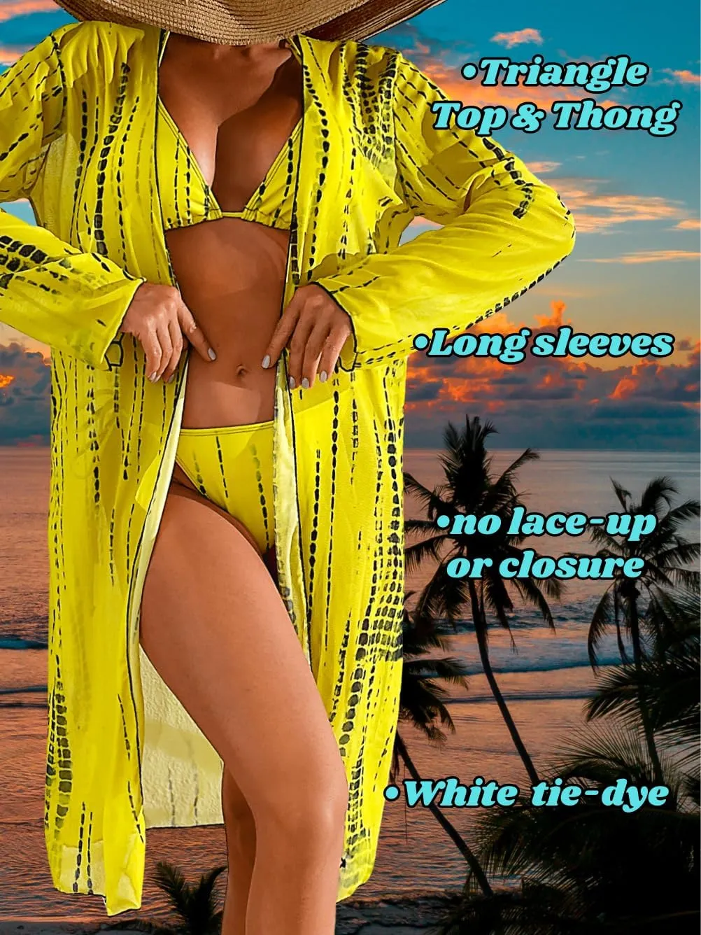 Women's Floral Bikini Sets with Mesh Cover Up, String Halter Triangle Top&Side-Tie Thong Bottom Sexy 3 Piece