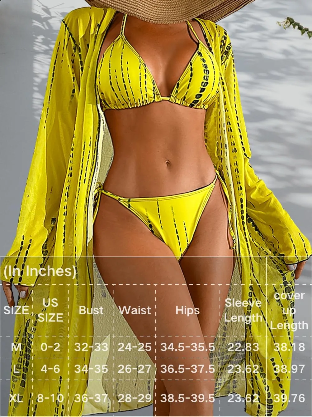 Women's Floral Bikini Sets with Mesh Cover Up, String Halter Triangle Top&Side-Tie Thong Bottom Sexy 3 Piece