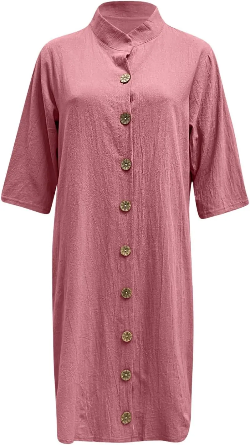 Womens Half Sleeve Cotton Linen Midi Shirt Dress Button Down Lapel Casual Summer Dress Beach Knee Length Cute Dresses
