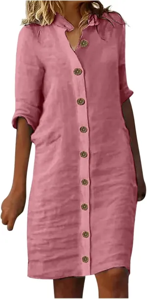 Womens Half Sleeve Cotton Linen Midi Shirt Dress Button Down Lapel Casual Summer Dress Beach Knee Length Cute Dresses