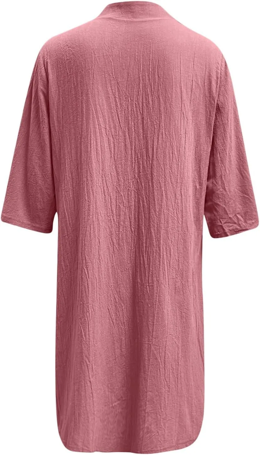 Womens Half Sleeve Cotton Linen Midi Shirt Dress Button Down Lapel Casual Summer Dress Beach Knee Length Cute Dresses