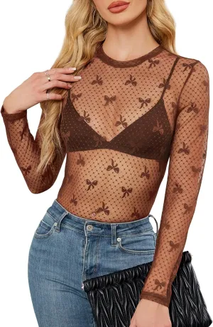 Women's Lace Long Sleeve Mesh Top Mock Neck Sheer Blouse See Through Floral Crochet Tops