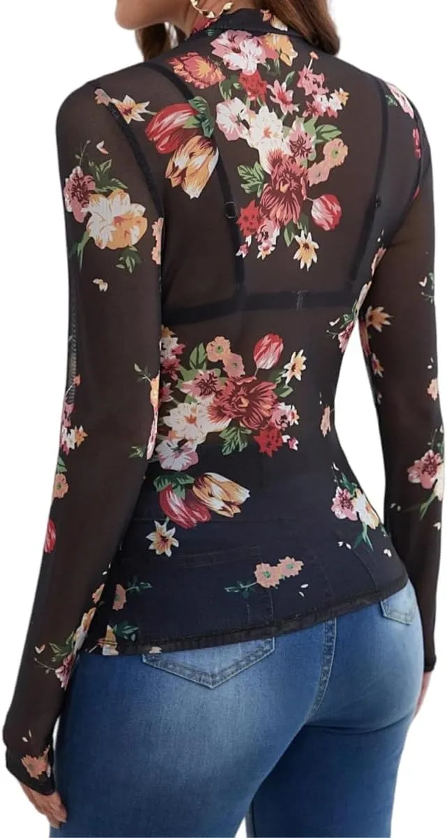 Womens Lace Top Long Sleeve Mesh Tops for Women Mock Neck Floral Sheer See Through Shirts for Party Club Casual S-XL
