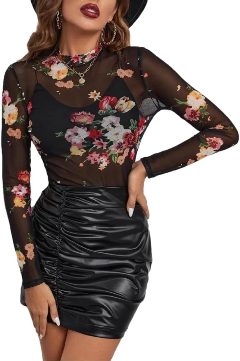 Womens Lace Top Long Sleeve Mesh Tops for Women Mock Neck Floral Sheer See Through Shirts for Party Club Casual S-XL