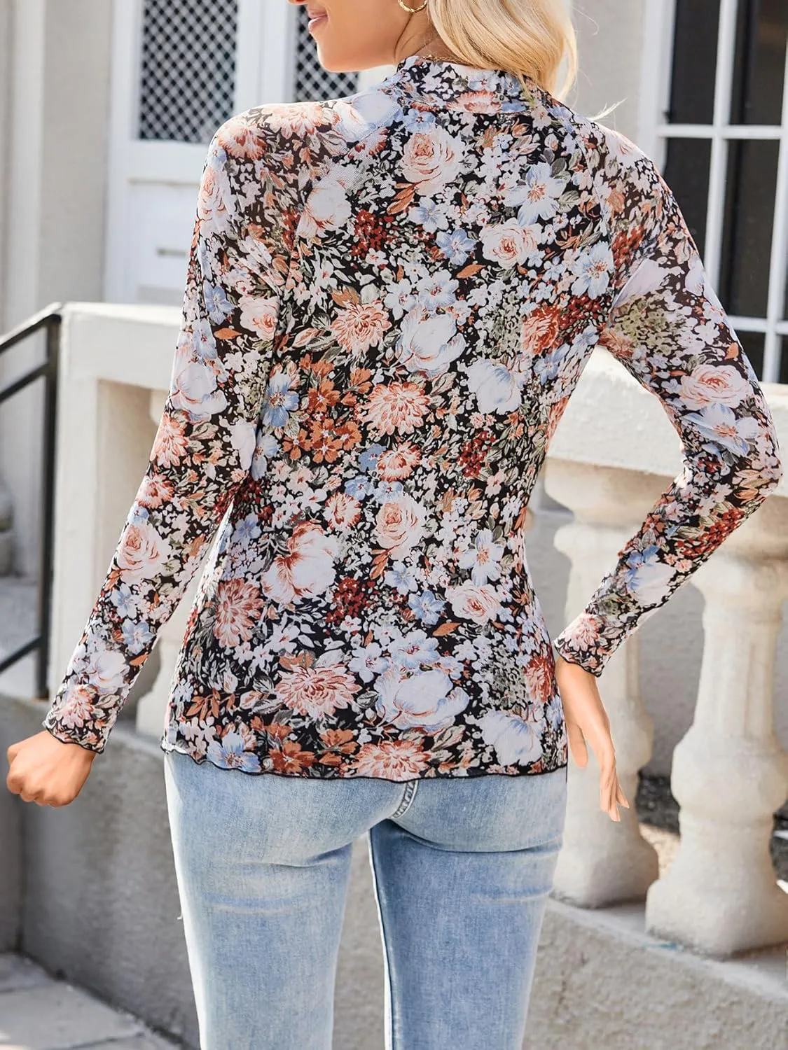 Womens Lace Top Long Sleeve Mesh Tops for Women Mock Neck Floral Sheer See Through Shirts for Party Club Casual S-XL