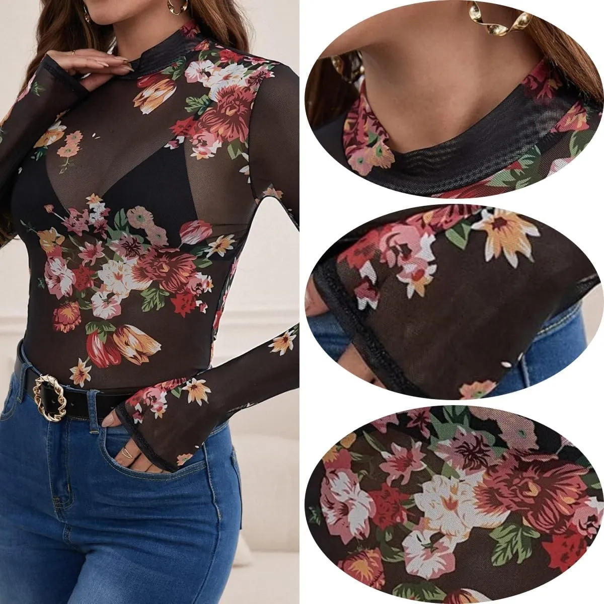 Womens Lace Top Long Sleeve Mesh Tops for Women Mock Neck Floral Sheer See Through Shirts for Party Club Casual S-XL