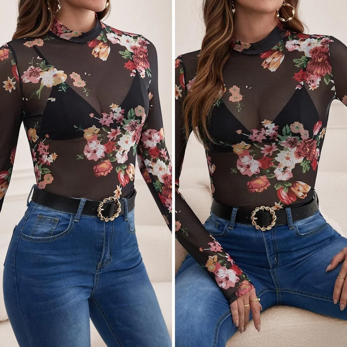 Womens Lace Top Long Sleeve Mesh Tops for Women Mock Neck Floral Sheer See Through Shirts for Party Club Casual S-XL