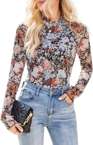Womens Lace Top Long Sleeve Mesh Tops for Women Mock Neck Floral Sheer See Through Shirts for Party Club Casual S-XL