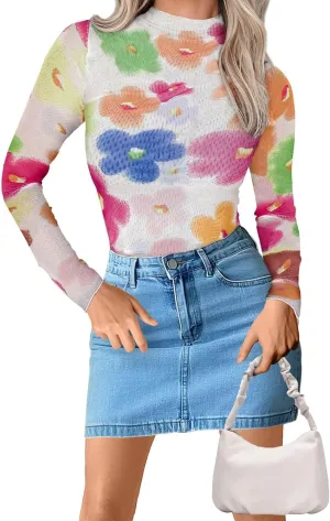 Womens Lace Top Long Sleeve Mesh Tops for Women Mock Neck Floral Sheer See Through Shirts for Party Club Casual