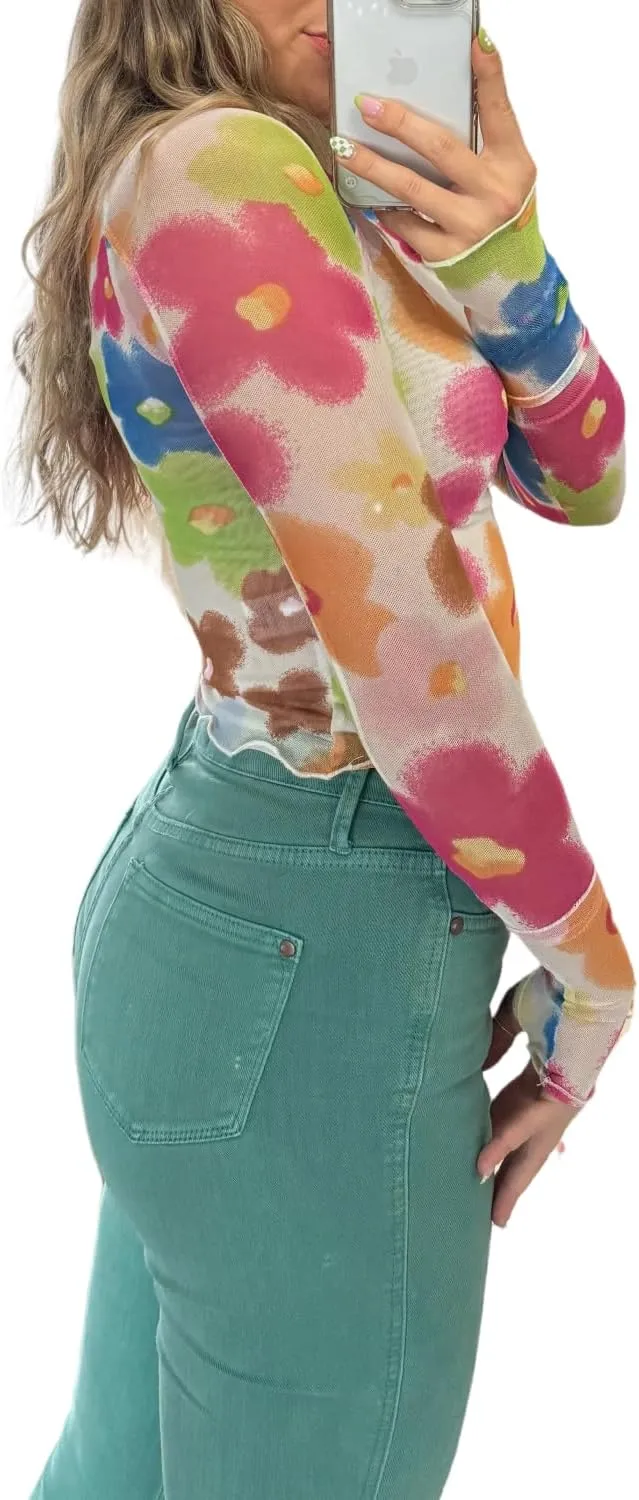 Womens Lace Top Long Sleeve Mesh Tops for Women Mock Neck Floral Sheer See Through Shirts for Party Club Casual