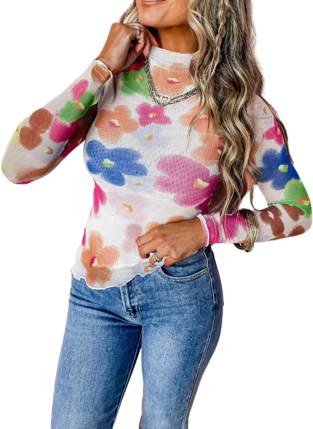 Womens Lace Top Long Sleeve Mesh Tops for Women Mock Neck Floral Sheer See Through Shirts for Party Club Casual