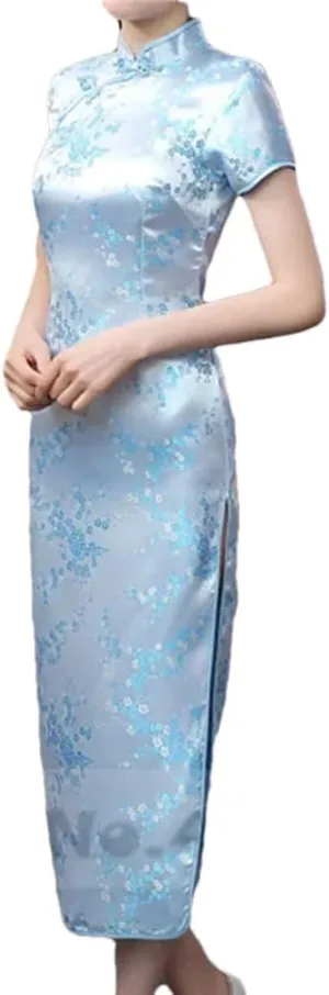 Womens Long Cheongsam Chinese Style Dresses Female Satin Slim Dress