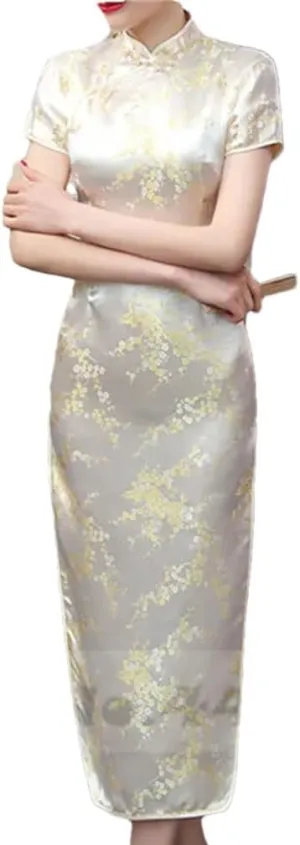 Womens Long Cheongsam Chinese Style Dresses Female Satin Slim Dress