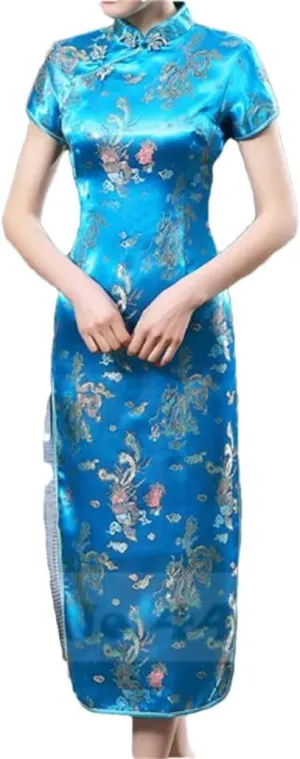Womens Long Cheongsam Chinese Style Dresses Female Satin Slim Dress