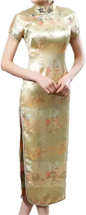 Womens Long Cheongsam Chinese Style Dresses Female Satin Slim Dress