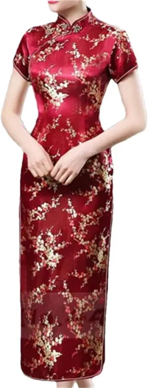 Womens Long Cheongsam Chinese Style Dresses Female Satin Slim Dress