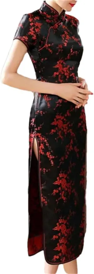 Womens Long Cheongsam Chinese Style Dresses Female Satin Slim Dress