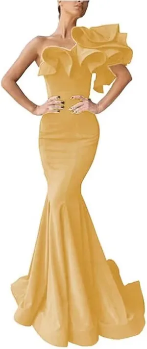 Women's Mermaid One Shoulder Ruffles Prom Dresses Evening Gowns