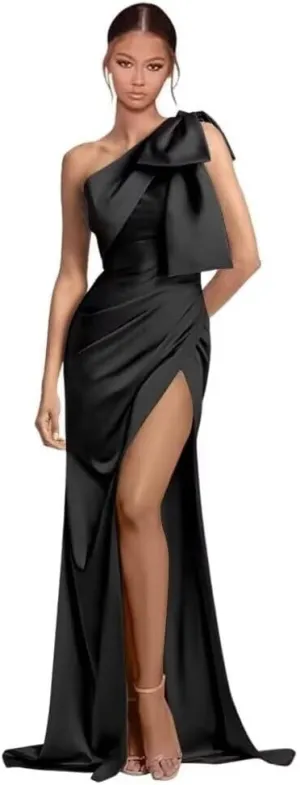 Women's One Shoulder Prom Dress with Bow Long Slit Mermaid Bridesmaid Dresses Ruched Satin Formal Evening Gown WO052