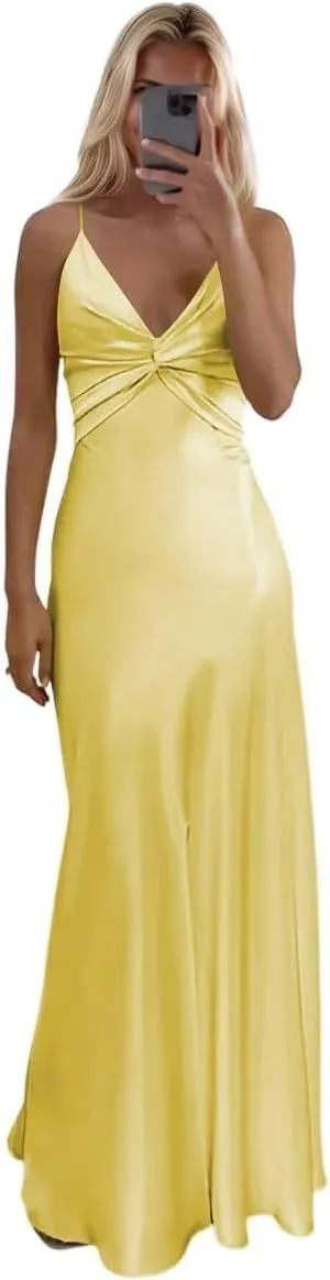 Women's Satin Prom Dresses 2025 with Slit for Women Ruched Mermaid Evening Party Dresses PU233