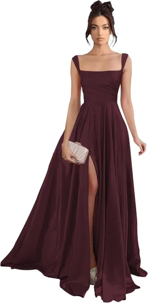 Women's Satin Prom Dresses with Slit Long Square Neck Formal Dresses Ball Gowns with Pockets