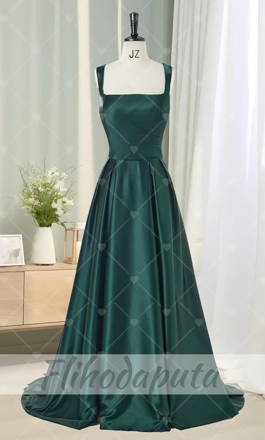 Women's Satin Prom Dresses with Slit Long Square Neck Formal Dresses Ball Gowns with Pockets