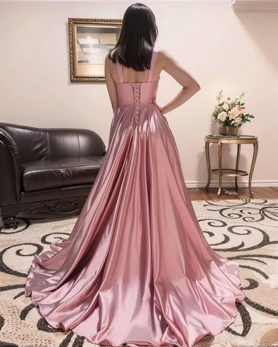 Women's Satin Prom Dresses with Slit Long Square Neck Formal Dresses Ball Gowns with Pockets