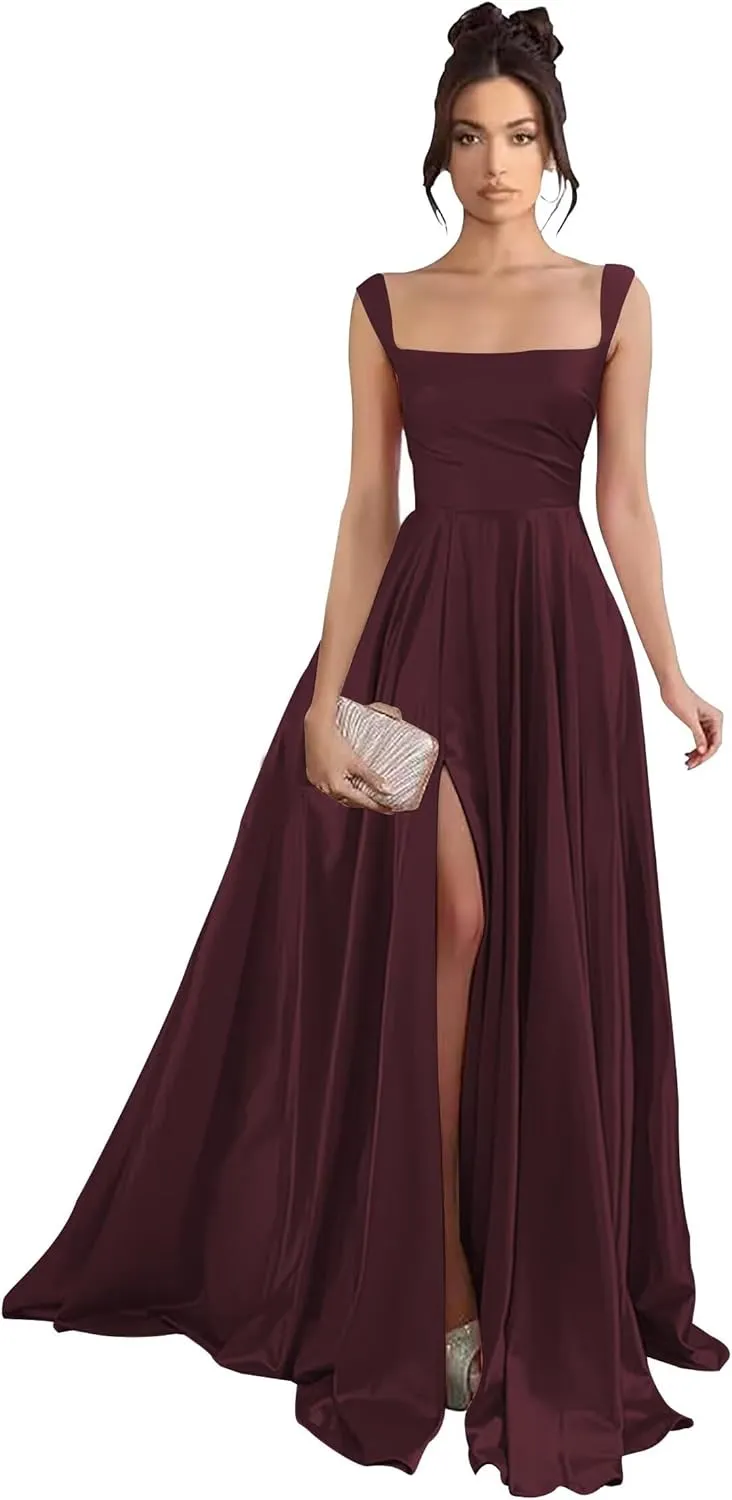 Women's Satin Prom Dresses with Slit Long Square Neck Formal Dresses Ball Gowns with Pockets